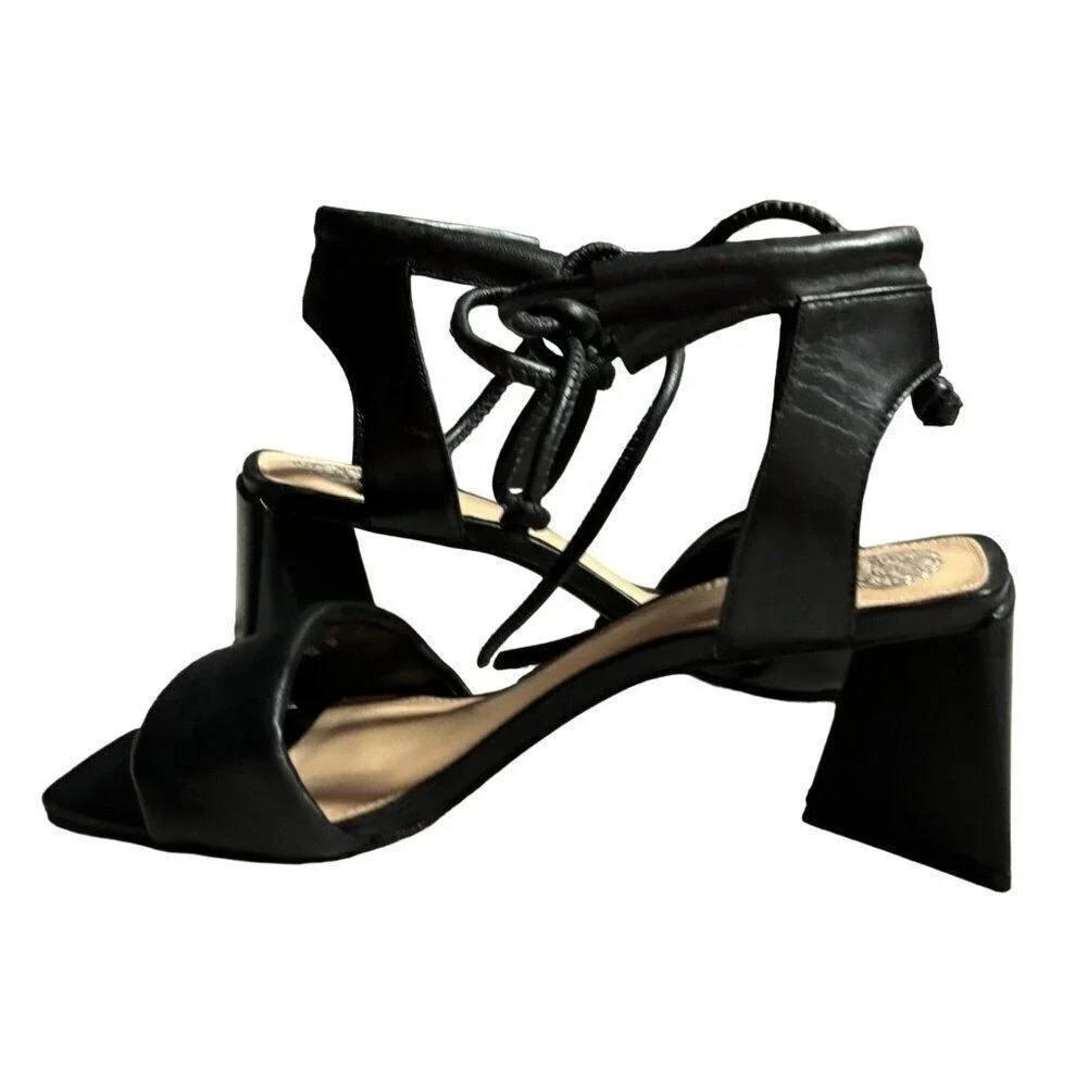 VInce Camuto Vernisa, Block Heel Black Leather Stappy‎ Sandals Shoes Size 8